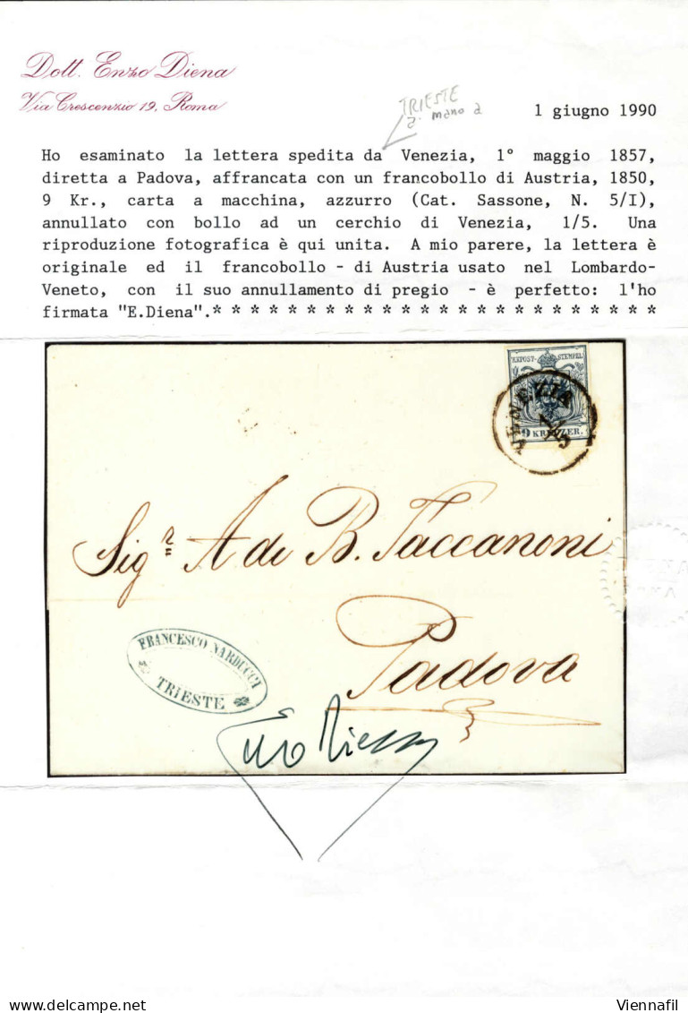 Cover Venezia, (C1 Punti 9) Lettera Del 1.5.1857 Per Padova Affrancata Con 9 Kreuzer Azzurro Carta A Macchina, Cert. Enz - Lombardo-Vénétie