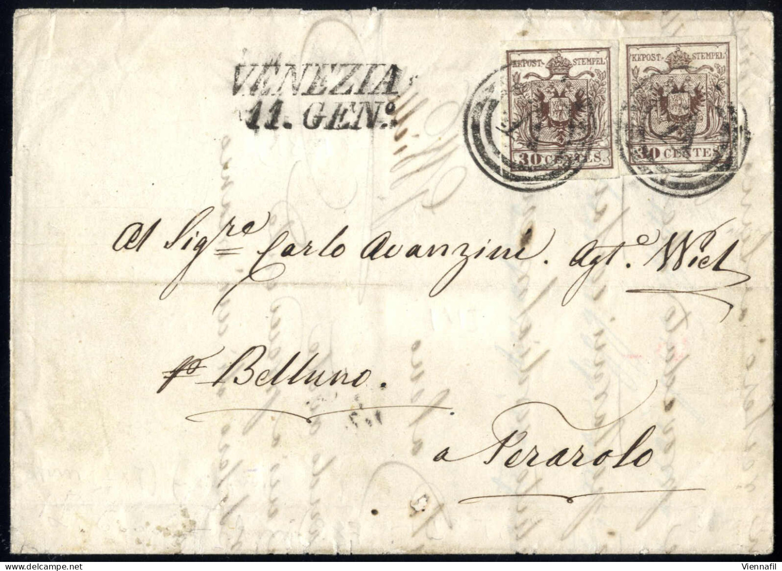 Cover Venezia, (M Punti 8), Lettera Del 11.1.1851 Per Terarolo Affrancata Con Due 30 C. Bruno I Tipo Carta A Mano, Sass. - Lombardo-Vénétie