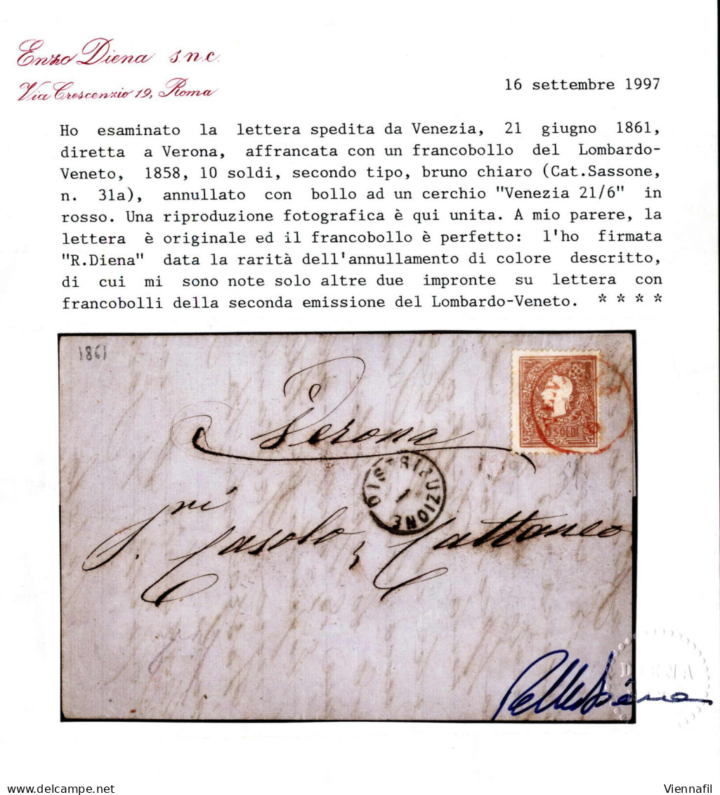 Cover Venezia, C1 Rosso Punti R1, Lettera Del 21.6.1861 Per Verona Affrancata Con 10 S. Bruno Chiaro II Tipo, Cert. R Di - Lombardo-Vénétie