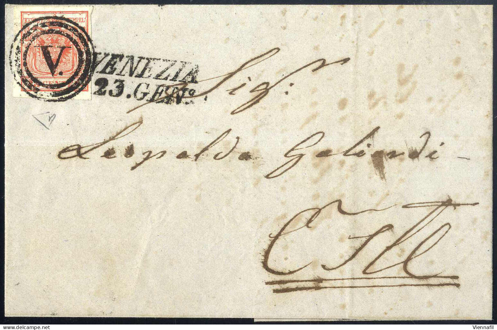 Cover Venezia, M, SI Punti 8, Lettera Del 23.1.1851 Per Este Affrancata Con 15 C. Rosso I Tipo Carta A Mano, Firmata ED, - Lombardo-Vénétie