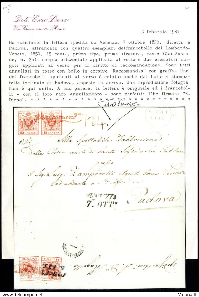 Cover Venezia, Raccomand.a In Rosso Punti 12, Lettera Raccomandata Del 7.10.1850 Per Padova Affrancata Con Quattro 15 C. - Lombardo-Venetien
