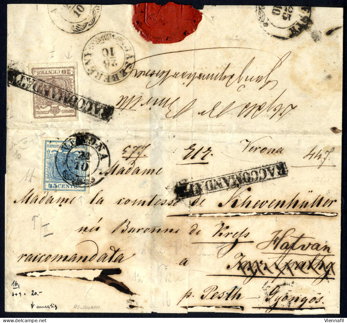 Cover Verona, (2CO E Raccomandata Punti 9), Lettera Raccomandata Del 22.10 Per Hatvan (Austria) Affrancata Con 45 C. Azz - Lombardo-Vénétie