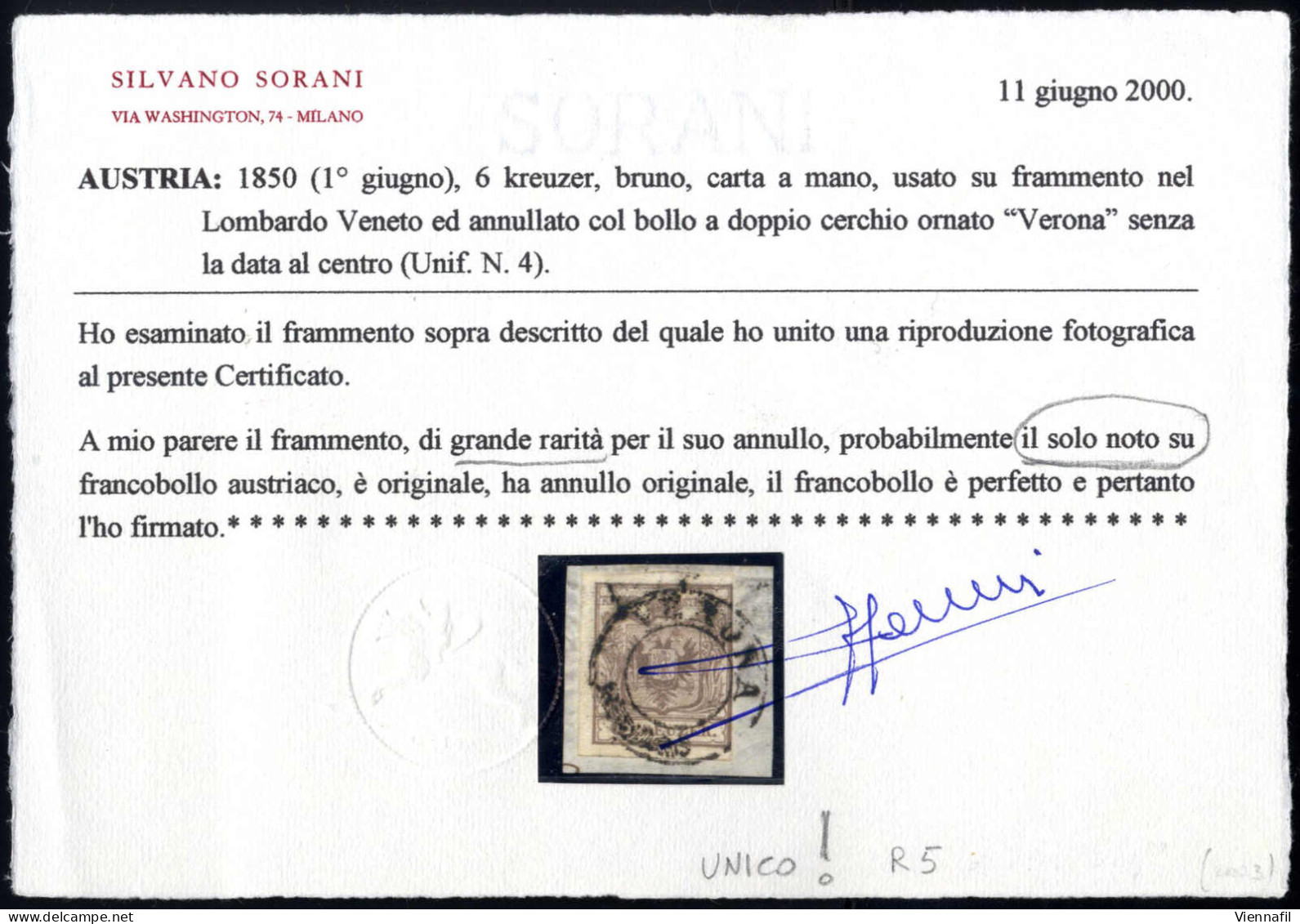 Piece Verona, (2CO+M Punti R3) Affrancato Con 6 Kreuzer Bruno Grigiastro I Tipo Carta A Mano, Cert. Sottoriva E Sorani,  - Lombardo-Vénétie