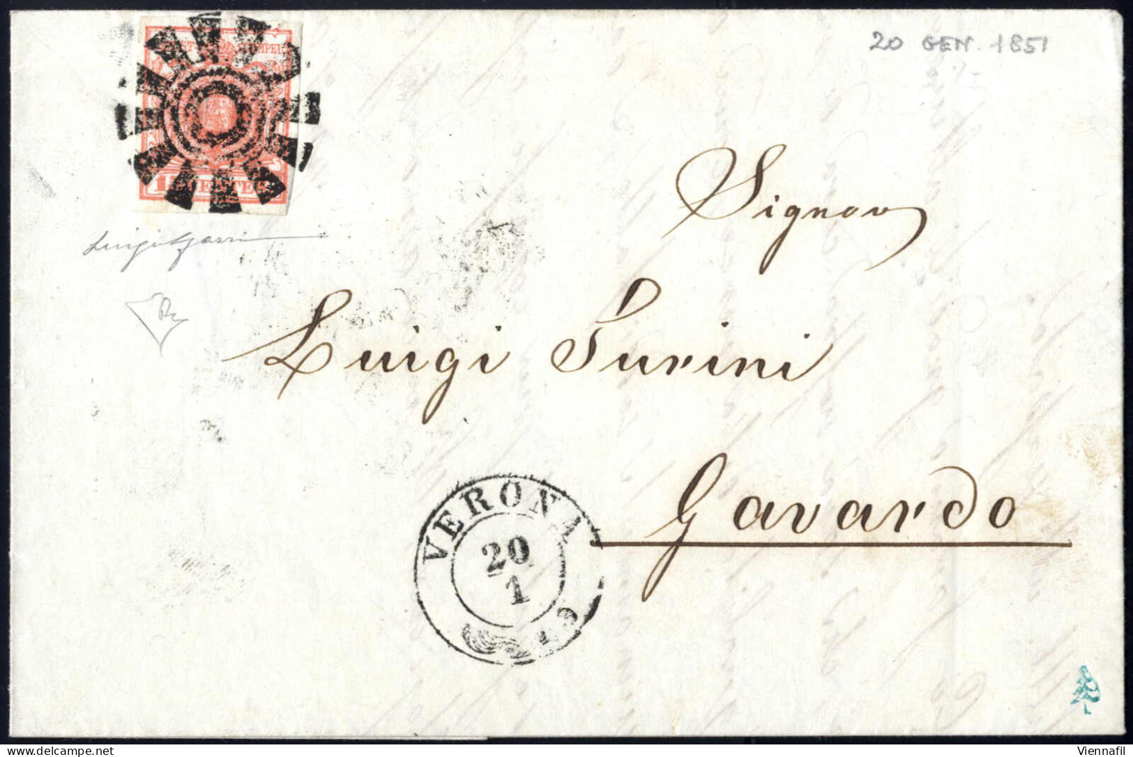 Cover Verona, (M, 2CO Punti 11), Lettera Del 20.1.1851 Per Gavardo Affrancata Con 15 C. Rosso Vermiglio I Tipo Carta A M - Lombardo-Vénétie