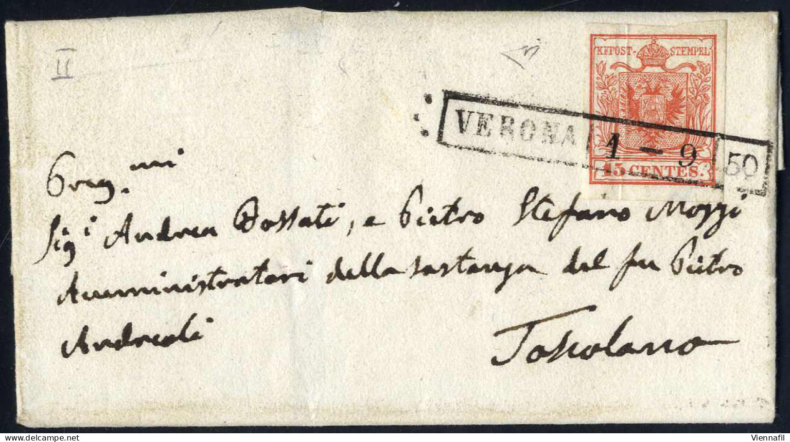 Cover Verona, R50 Punti 6, Lettera Del 1.9.1850 Per Toscolano Affrancata Con 15 C. Rosso I Tipo Prima Tiratura Carta A M - Lombardo-Vénétie