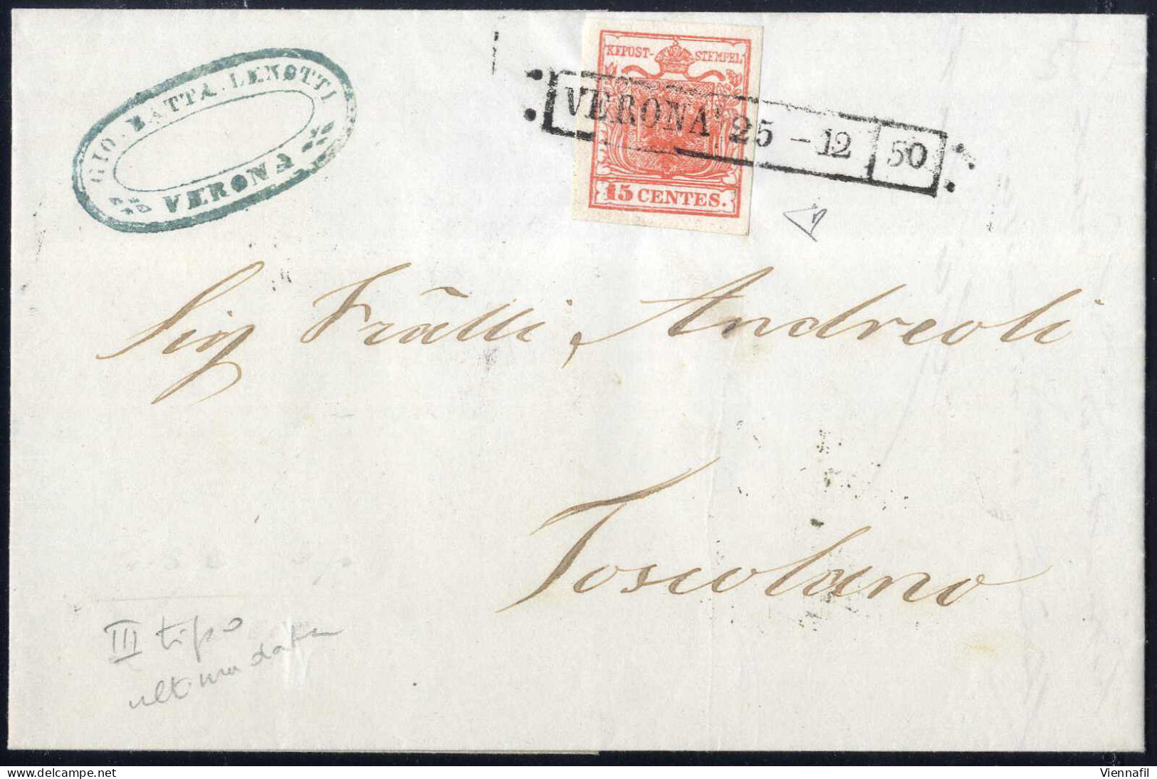 Cover Verona, R50 Punti 6, Lettera Del 25.12.1850 Per Toscolano Affrancata Con 15 C. Rosso I Tipo Carta A Mano, Firmata  - Lombardo-Venetien