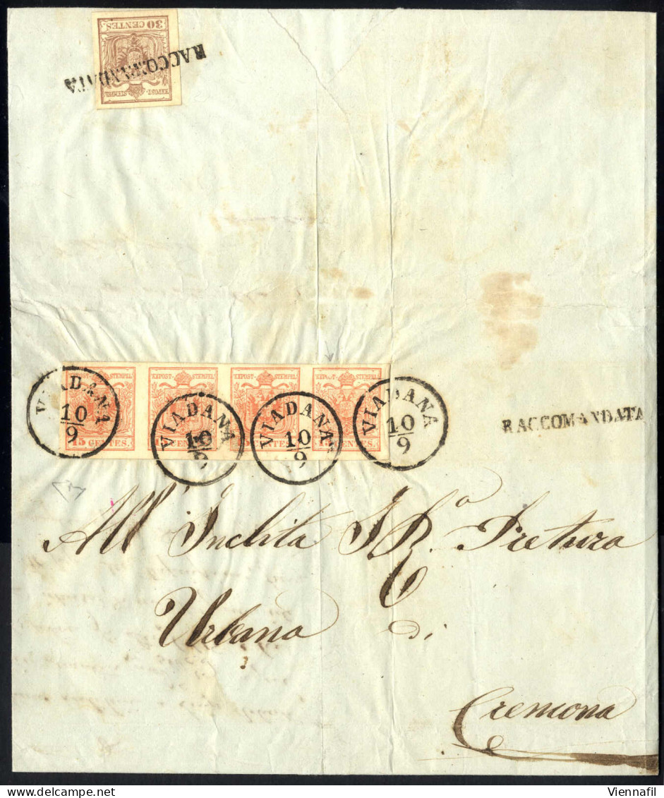 Cover Viadana, (C1 E Raccomandata Punti 10), Lettera Raccomandata Del 10.9.1856 Per Cremona Affrancata Con Striscia Di Q - Lombardo-Venetien