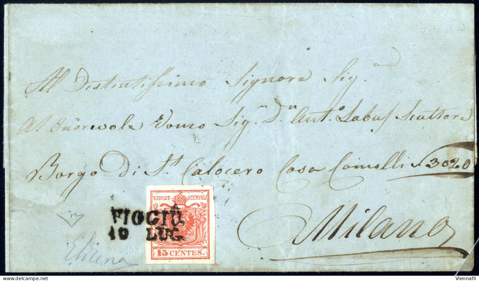 Cover Viggiù, SD Punti 12, Lettera Del 10.7.1850 Per Milano Affrancata Con 15 C. Rosso I Tipo Prima Tiratura Carta A Man - Lombardo-Vénétie