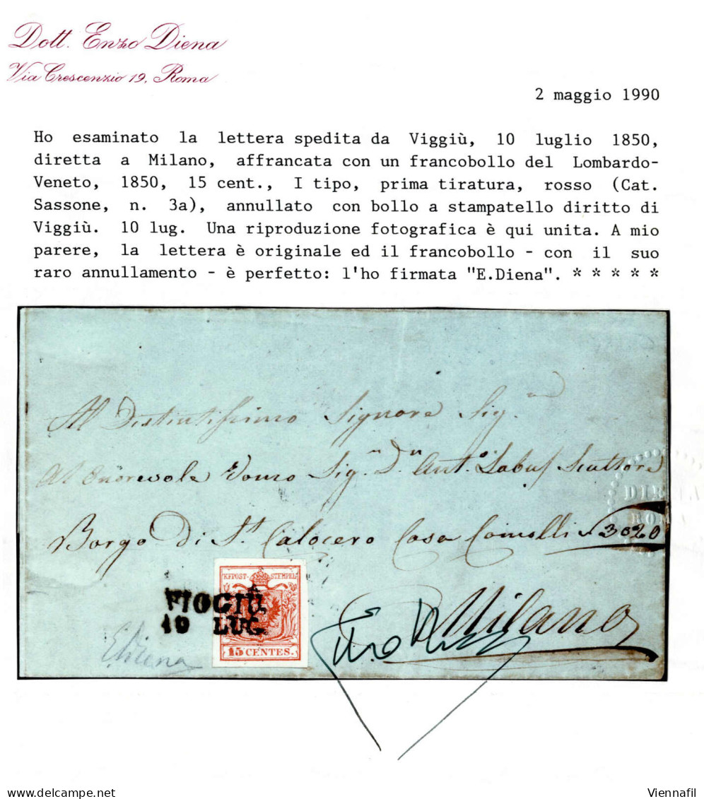 Cover Viggiù, SD Punti 12, Lettera Del 10.7.1850 Per Milano Affrancata Con 15 C. Rosso I Tipo Prima Tiratura Carta A Man - Lombardo-Vénétie