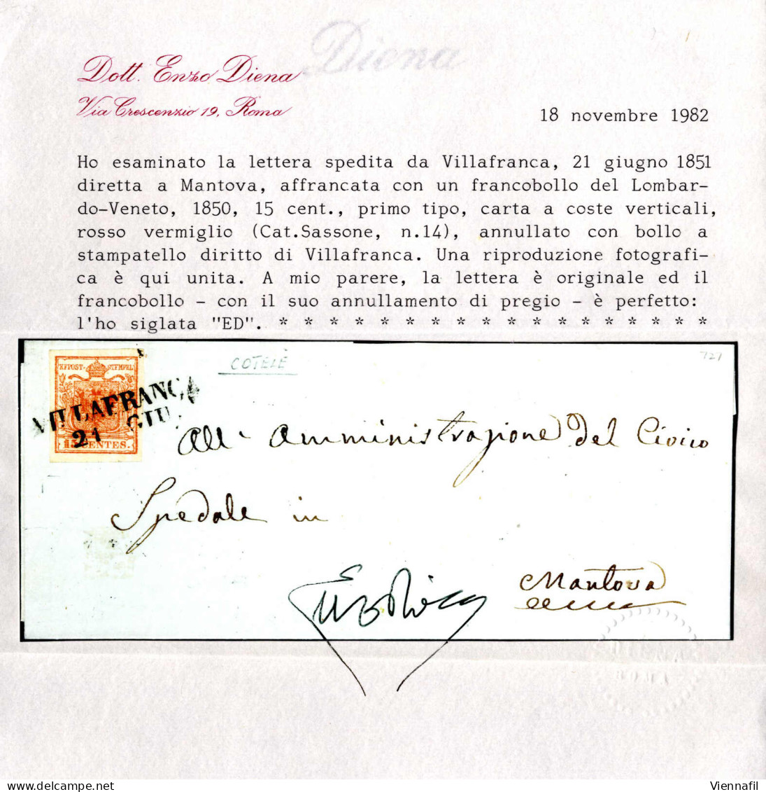 Cover Villafranca, SD Punti 8, Lettera Del 21.6.1851 Per Mantova Affrancata Con 15 C. Rosso Vermiglio I Tipo Carta A Cos - Lombardo-Vénétie