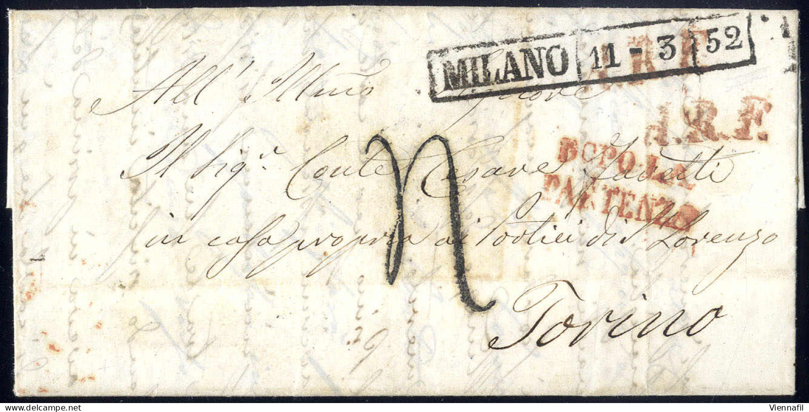 Cover 1852, Lettera In Porto Assegnato Da Milano 11.3.1852 Per Torino, Tassa A Tampone "4" E Annulli "A. R. F." E "DOPO  - Lombardo-Vénétie