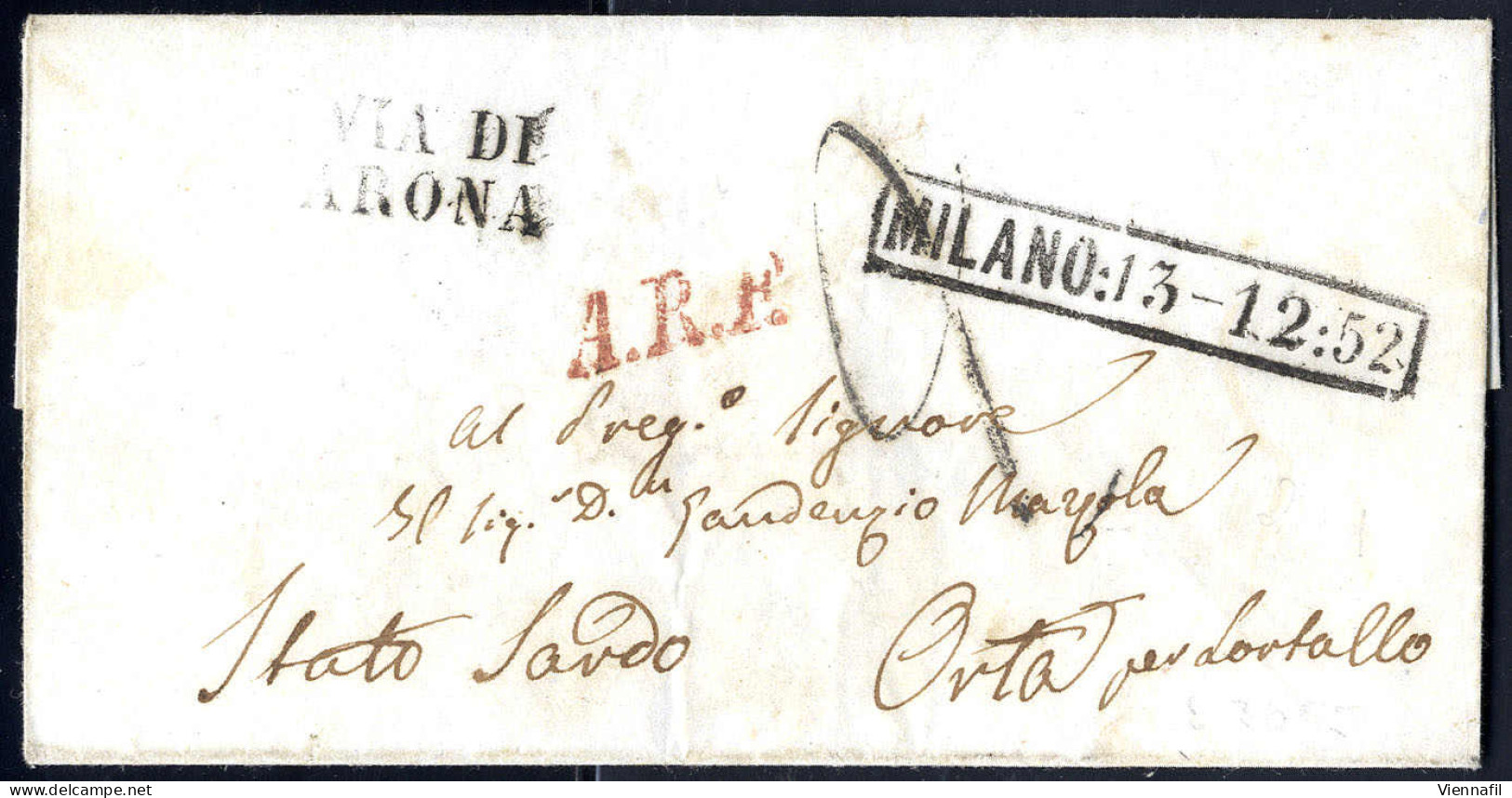 Cover 1852, Lettera In Porto Assegnato Da Milano 13.12.1852 Per Lortallo, Tassa A Tampone "2" E Annulli "A. R. F." E "VI - Lombardije-Venetië