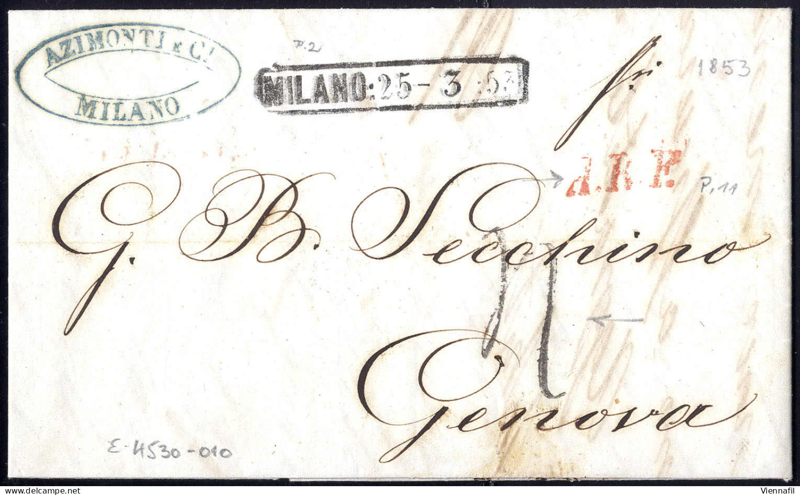 Cover 1853, Lettera In Porto Assegnato Da Milano 25.3.1853 Per Genova, Raro Annullo "A.R.F." In Rosso E Tassa "4" Sul Fr - Lombardy-Venetia