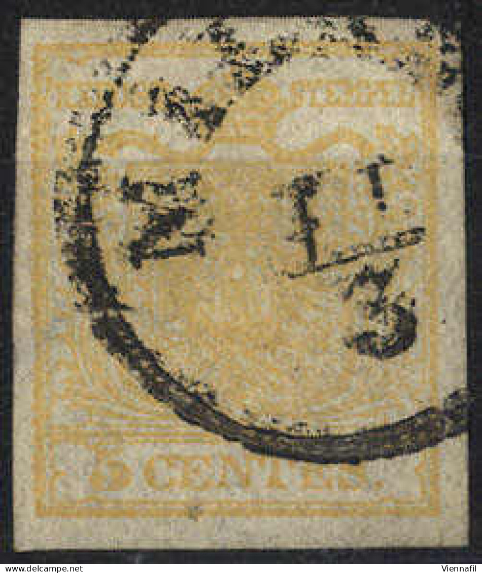 O 1850, 5 Cent. Giallo Ocra, Usato, Cert. Steiner (Sass. 1) - Lombardije-Venetië