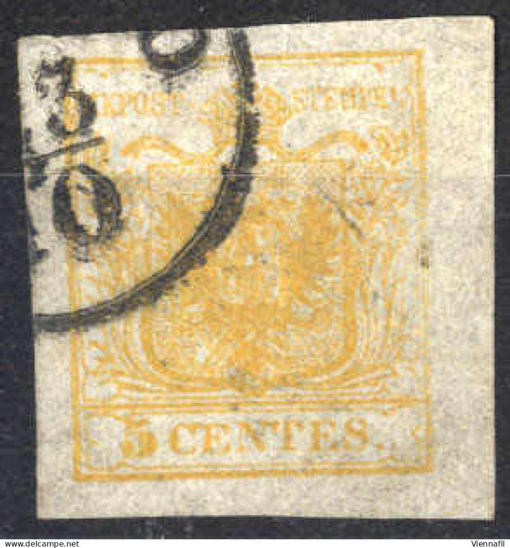 O 1850, 5 Cent. Giallo Arancio Chiaro, Cert. Goller (Sass. 1f) - Lombardy-Venetia