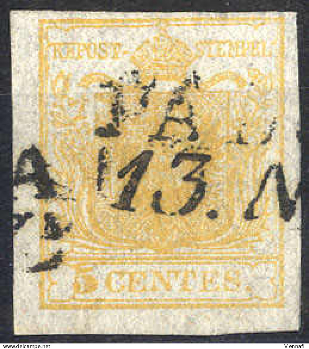 O 1850, 5 Cent. Giallo Arancio Chiaro, Usato, Cert. Steiner (Sass. 1f) - Lombardo-Vénétie