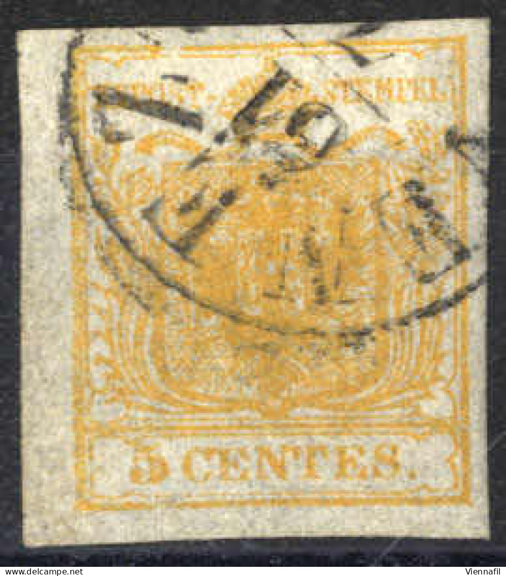 O 1850, 5 Cent. Giallo Arancio, Randdruck A Sinistra, Cert. Goller (Sass. 1g) - Lombardo-Vénétie