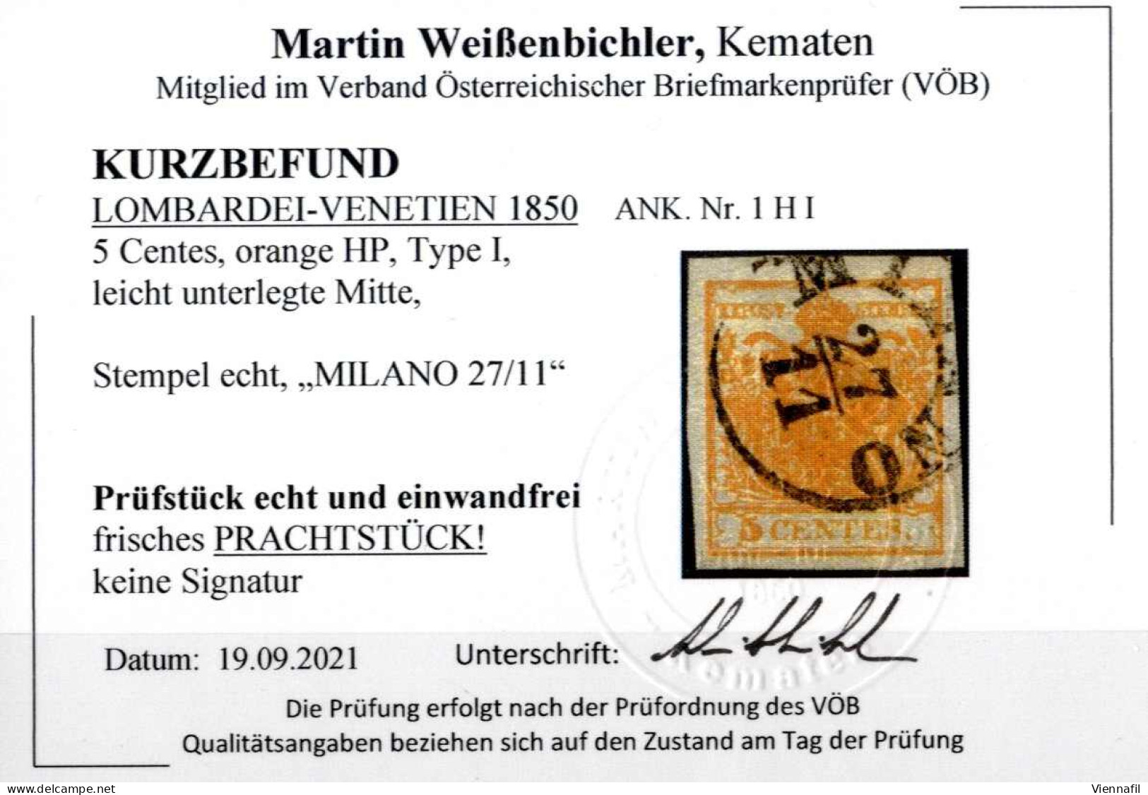 O 1850, 5 Cent. Arancio Con Centro In Risalto, Usato Milano, Splendido, Certificato Weißenbichler, Sass. 1h / 300,-++ - Lombardy-Venetia