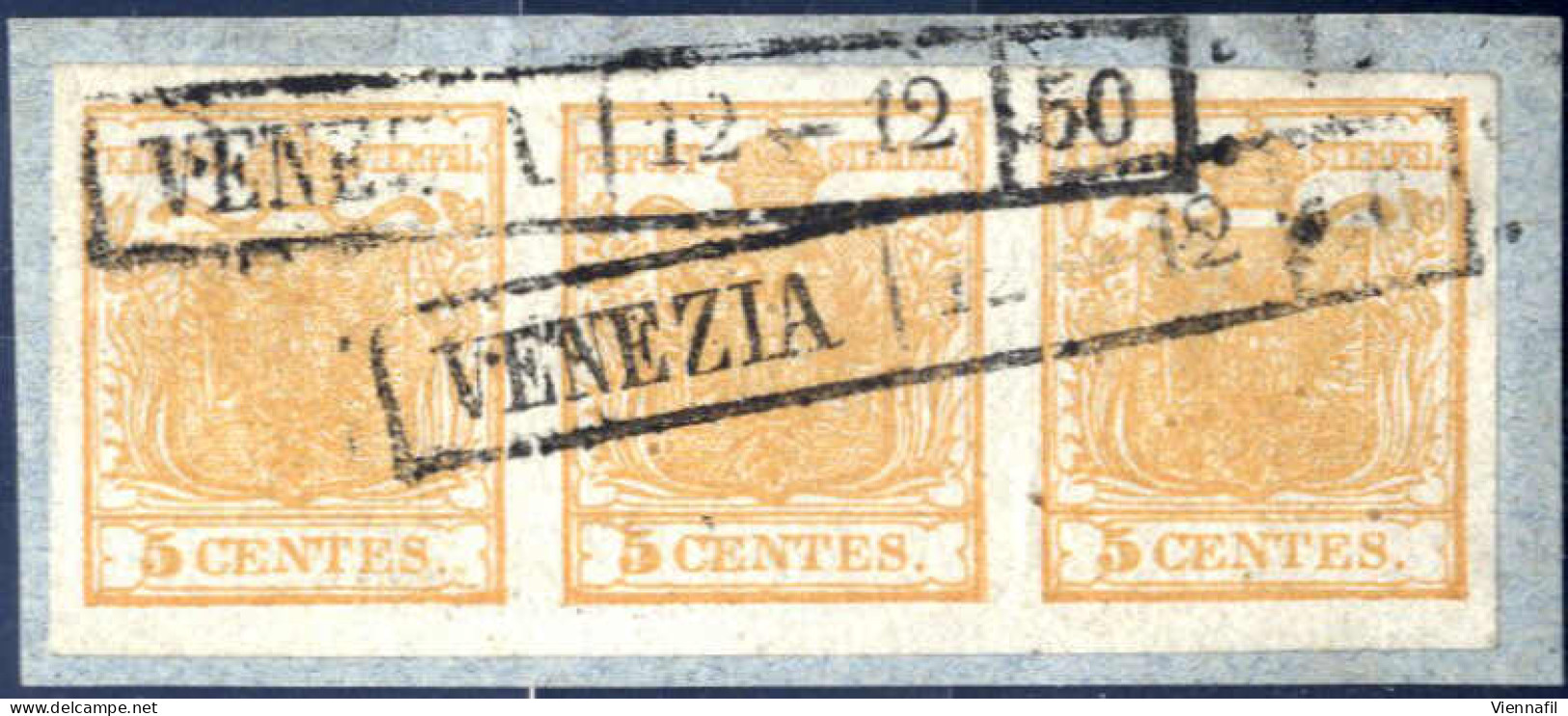 Piece 1850, 5 Cent. Giallo Bistro Striscia Orizzontale Di Tre Su Frammento Annullato Venezia 12-12-50, Splendido, Firmat - Lombardije-Venetië