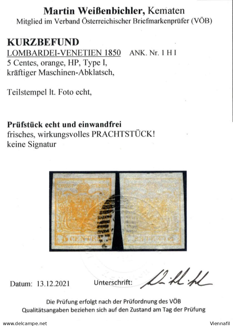 O 1850, 5 Cent. Arancio Con Forte Decalco, Usato, Splendido, Certificato Weißenbichler, Sass. 1l / 600,- - Lombardo-Vénétie