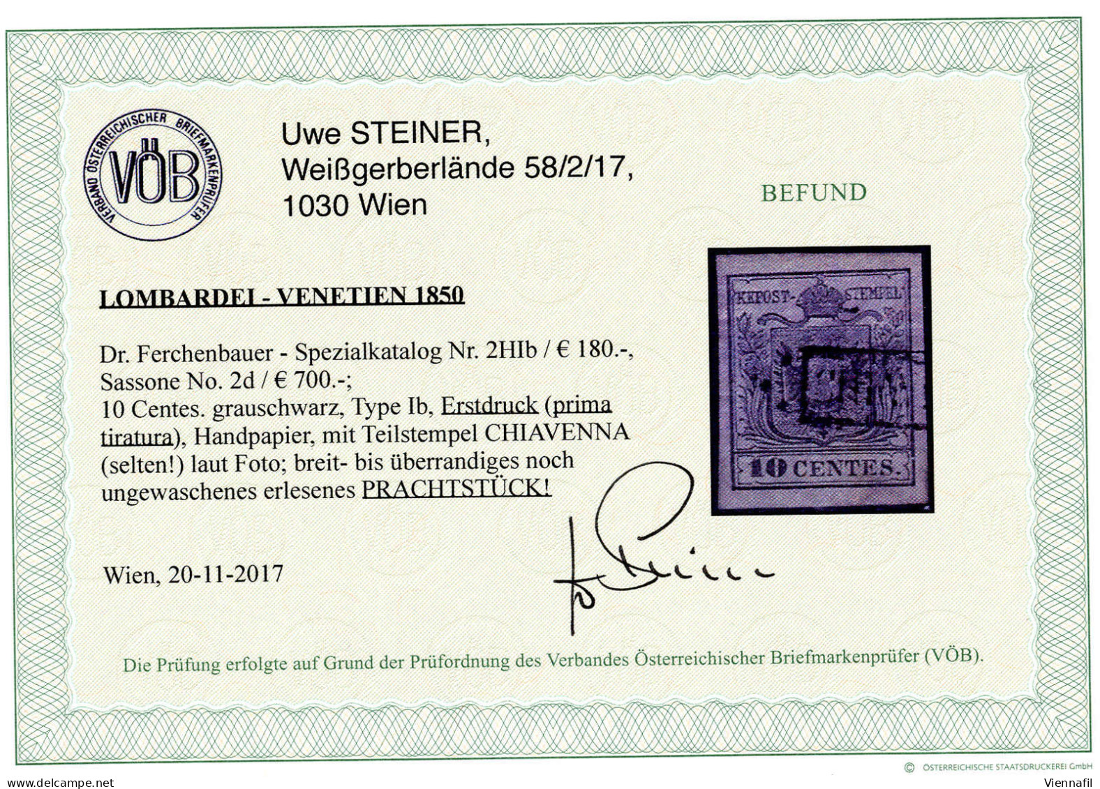 O 1850, 10 Cent. Grigio Nero, Prima Tiratura, Lusso, Cert. Steiner (Sass. 2d) - Lombardo-Vénétie