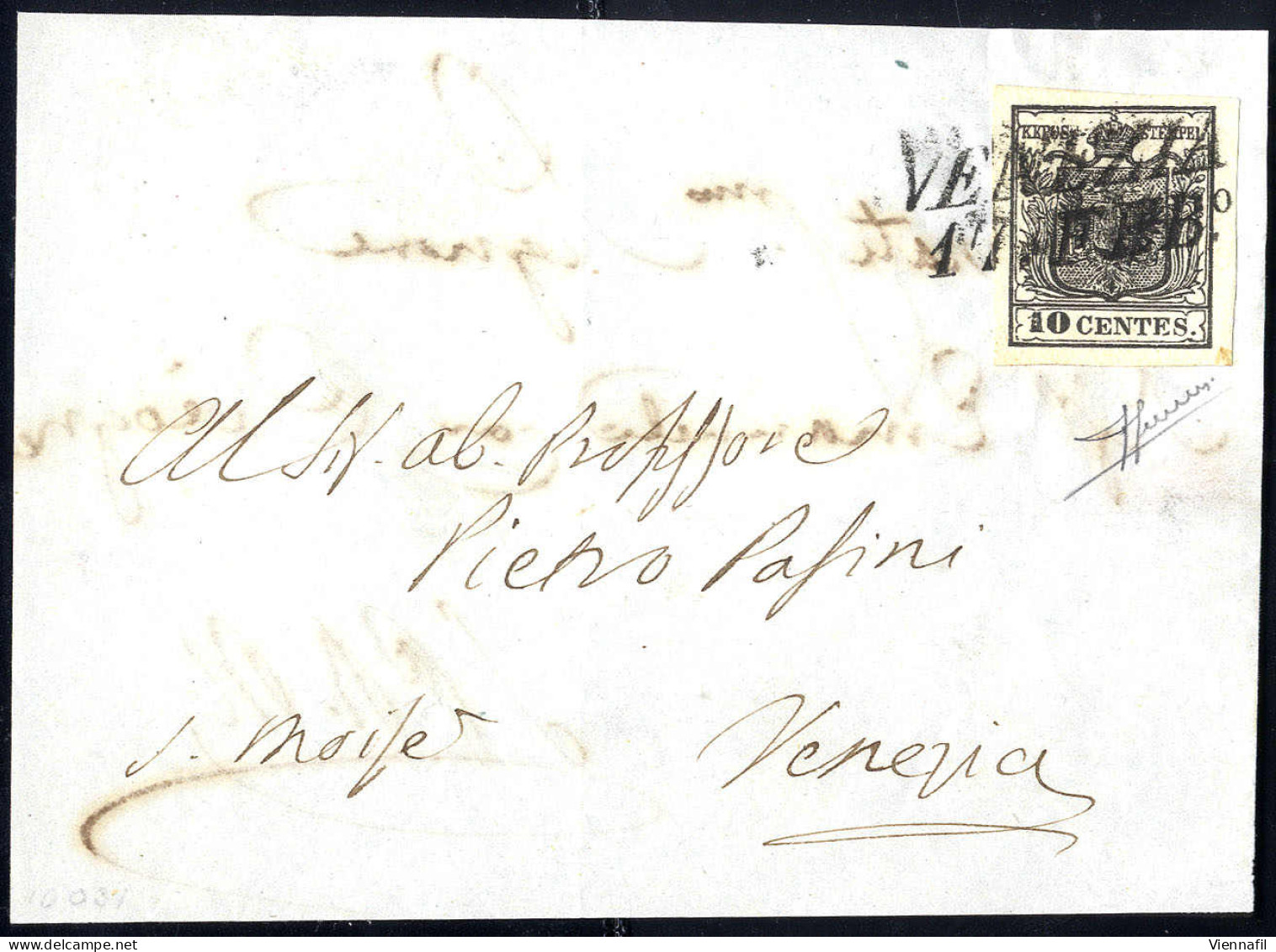 Cover 1850, 10 Cent. Nero, Carta A Mano, Su Lettera Da Venezia, Firm. Sorani (Sass. 2 - ANK 2HI) - Lombardije-Venetië