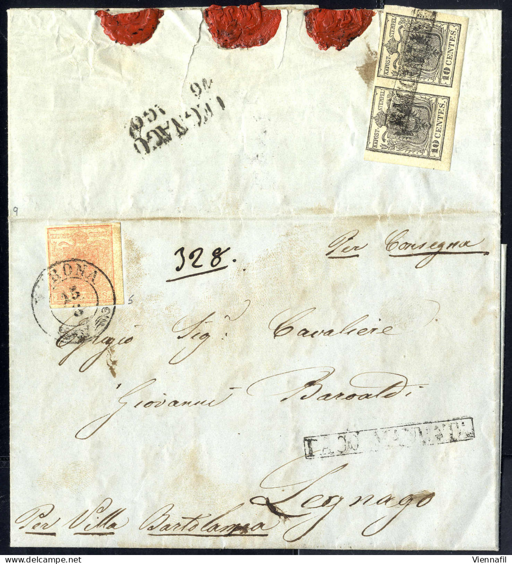 Cover 1850, Raccomandata Da Verona 15.8.1851 Per Legnago Affrancata Con 15 Cent. Rosa Sul Fronte E Coppia 10 Cent. Nero  - Lombardo-Vénétie