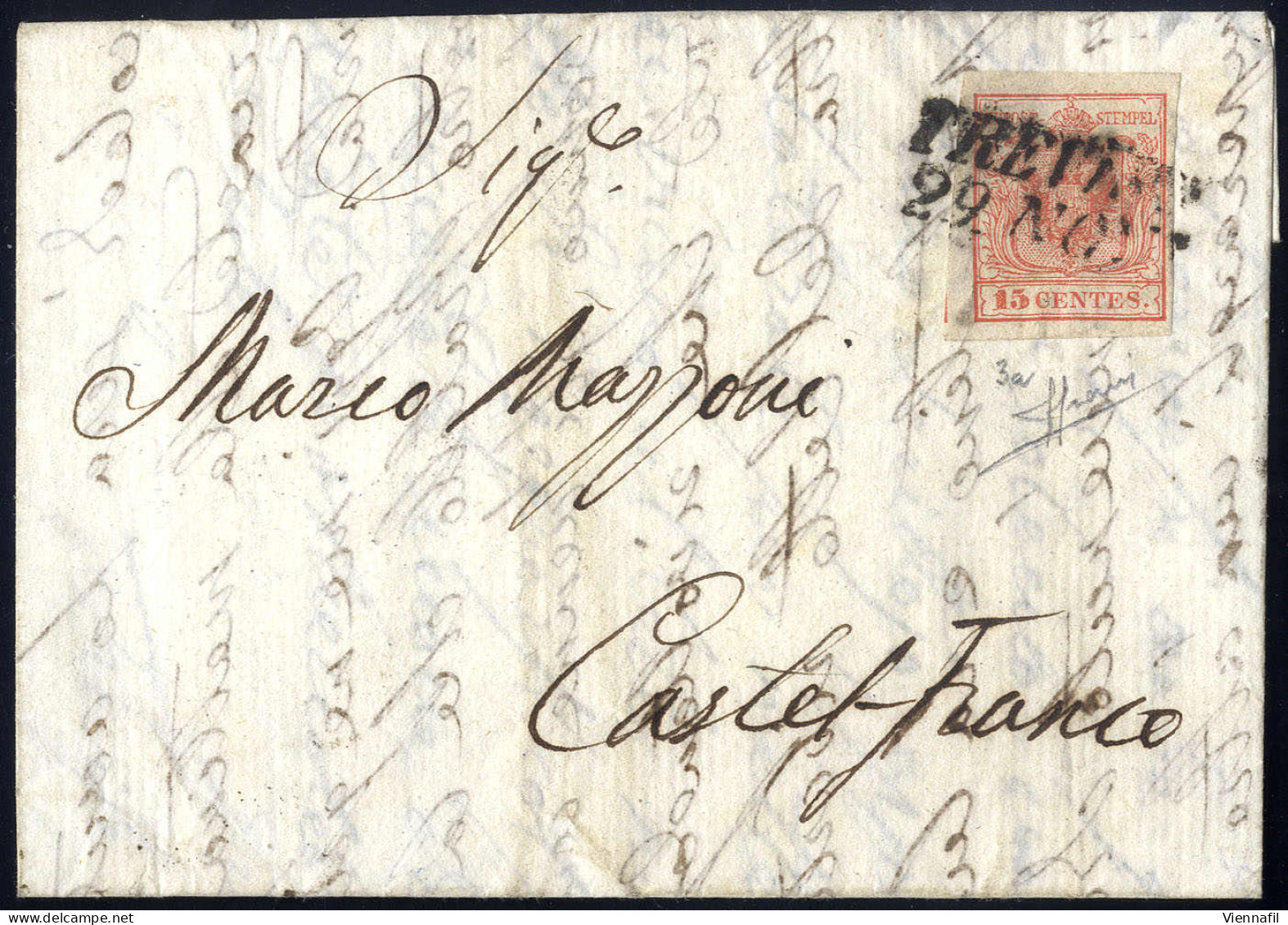 Cover 1850, 15 Cent. Rosso, Prima Tiratura, Su Lettera Da Treviso, Firm. Sorani (Sass. 3a - ANK 3HI - Erstdruck) - Lombardy-Venetia