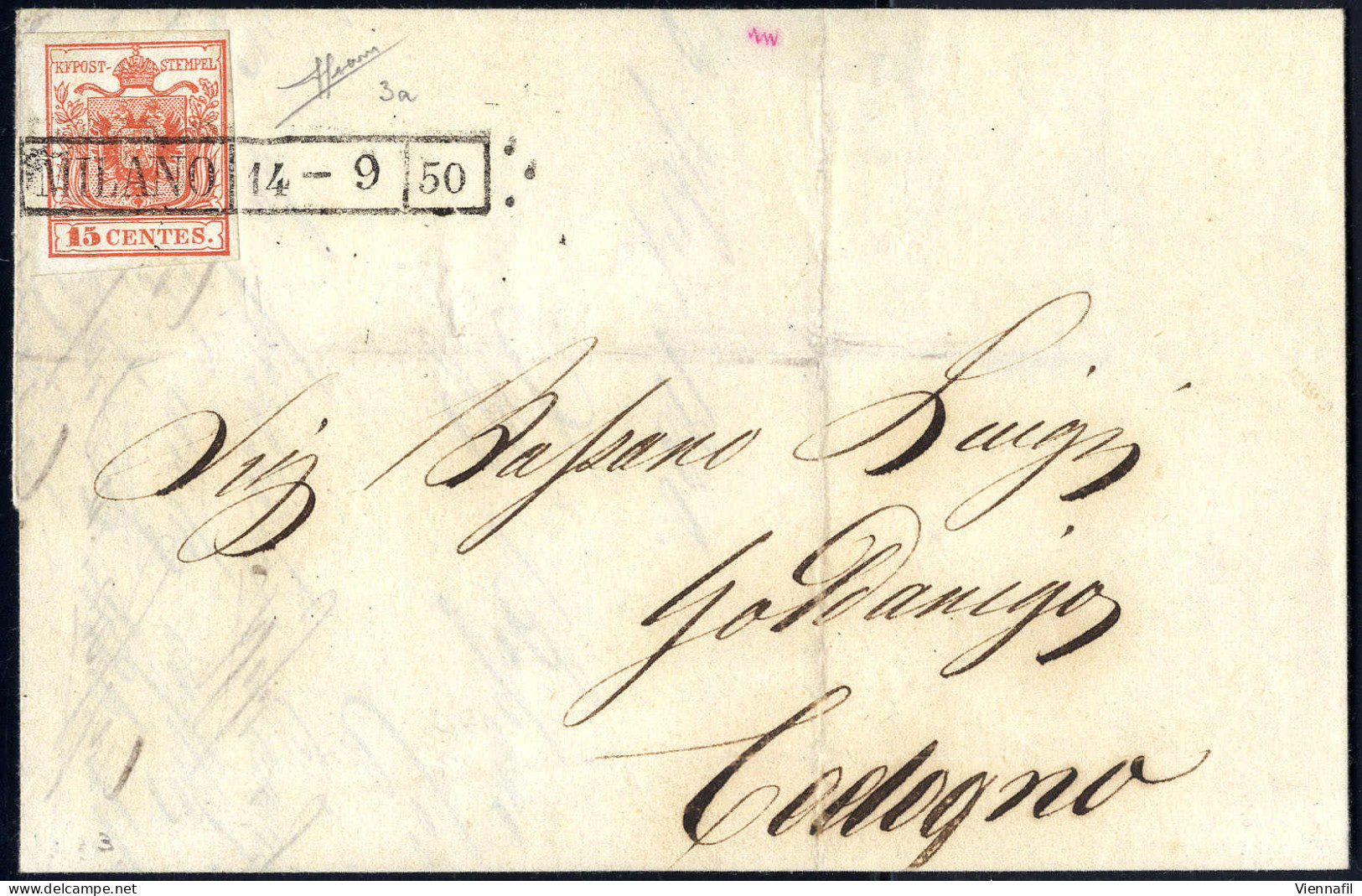 Cover 1850, 15 Cent. Rosso, Prima Tiratura, Su Lettera Da Milano 14.9.1850, Firm. Sorani (Sass. 3a - ANK 3HI Erstdruck) - Lombardo-Venetien