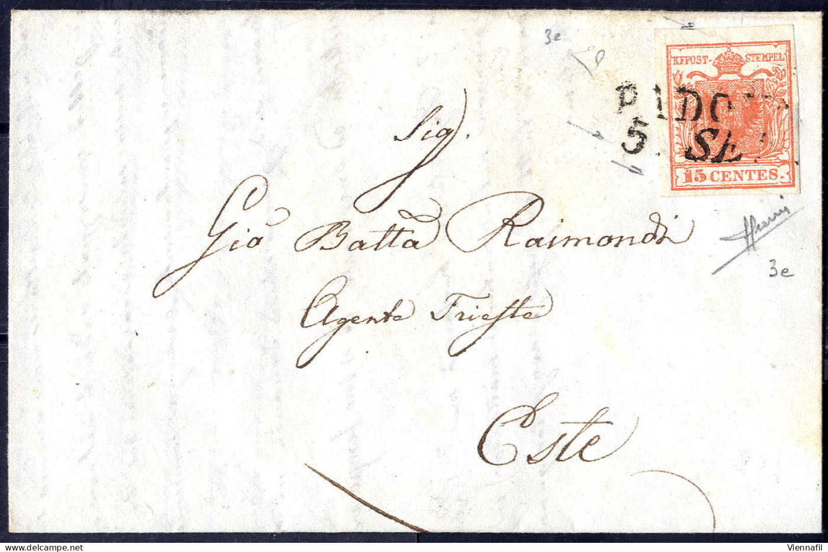 Cover 1850, "Pieghe Di Carta", 15 Cent. Primo Tipo, Su Lettera Da Padova 5.9.1851, Firm. E. Diena E Sorani (Sass. 3e) - Lombardije-Venetië