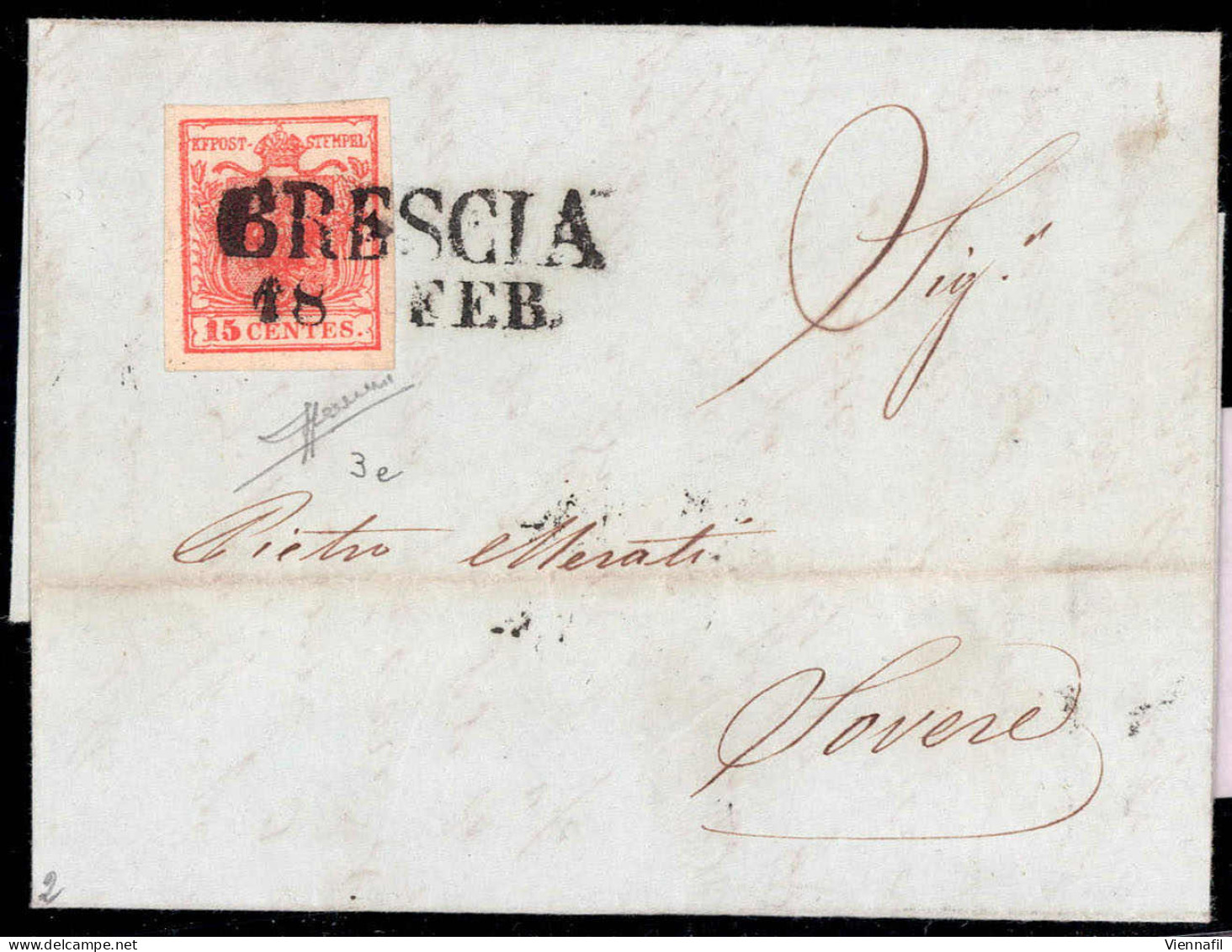Cover 1850, 15 Cent. Rosso Vermiglio Chiaro Su Lettera Da Brescia, Firm. Sorani (Sass. 3e) - Lombardo-Vénétie