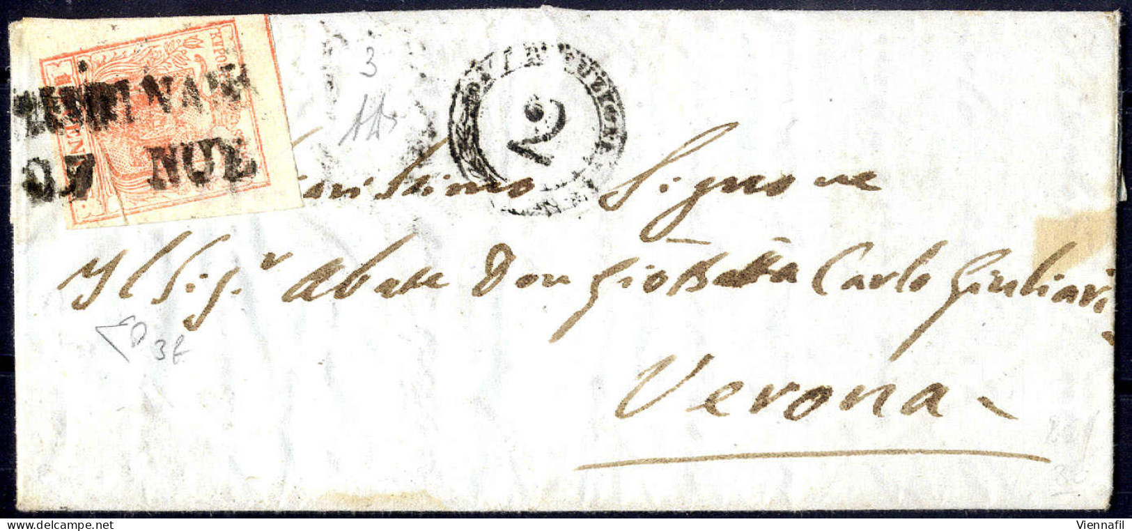Cover 1850, "Pieghe Di Carta", 15 Cent. Rosso Vermiglio Chiaro Su Lettera Da Lendinara 27.11.1850 Per Verona, Firm. A. + - Lombardy-Venetia