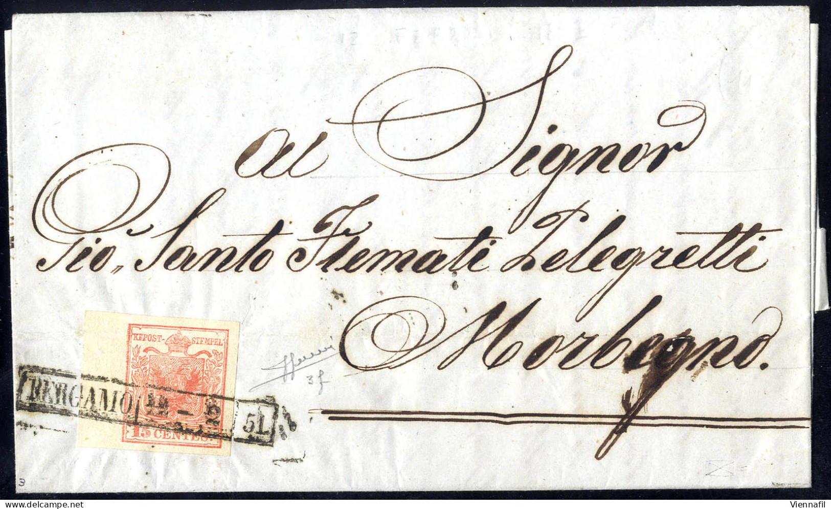 Cover 1850, 15 Cent. Rosso Vemiglio Chiaro, Ampio Bordo Di Foglio A Sinistra, Su Lettera Da Bergamo 12.2.1851, Firm. Sor - Lombardije-Venetië