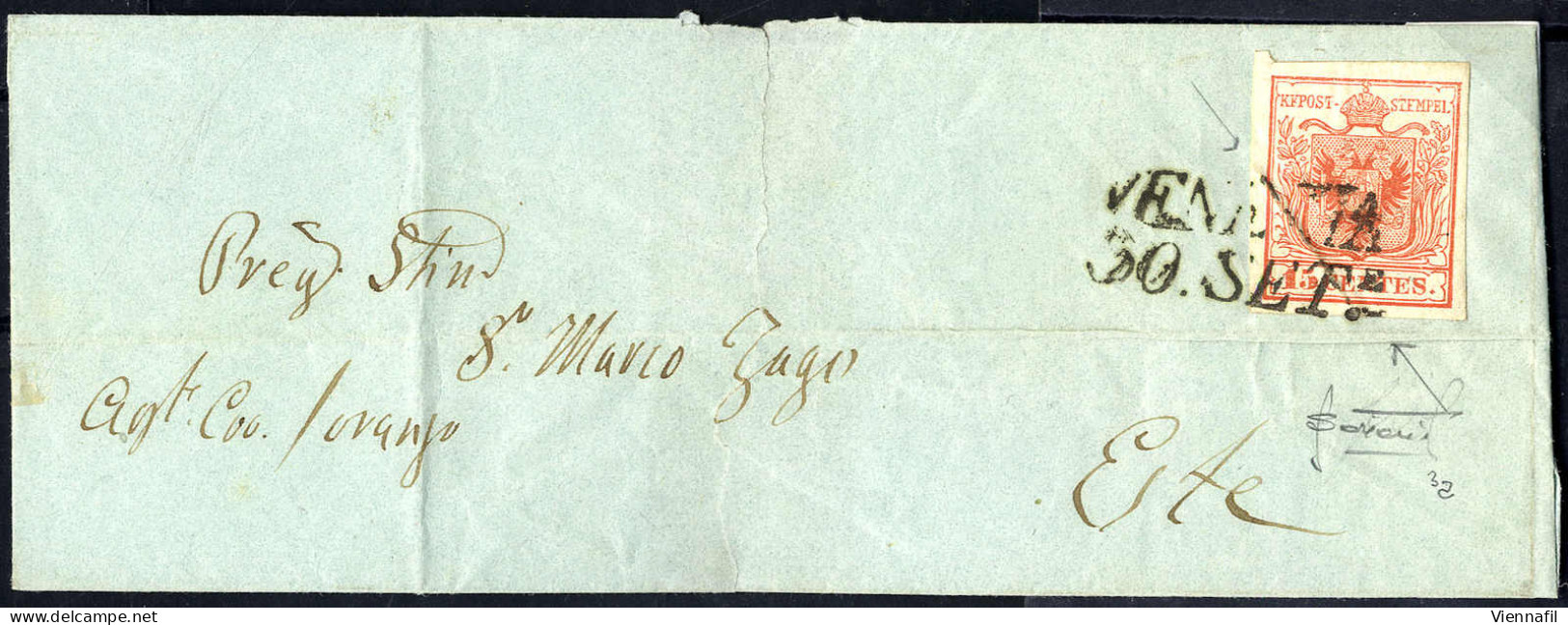 Cover 1850, "Pieghe Di Carta", 15 Cent. Rosso, Prima Tiratura, Con Piega Diagonale Di Arriccciamento Su Lettera Da Venez - Lombardy-Venetia
