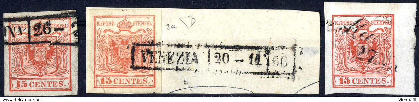 O 1850, "Pieghe Di Carta", 15 Cent. Rosso, Prima Tiratura, Un Esemplare Più Due Frammenti Con Pieghe Di Carta, Splendidi - Lombardo-Vénétie