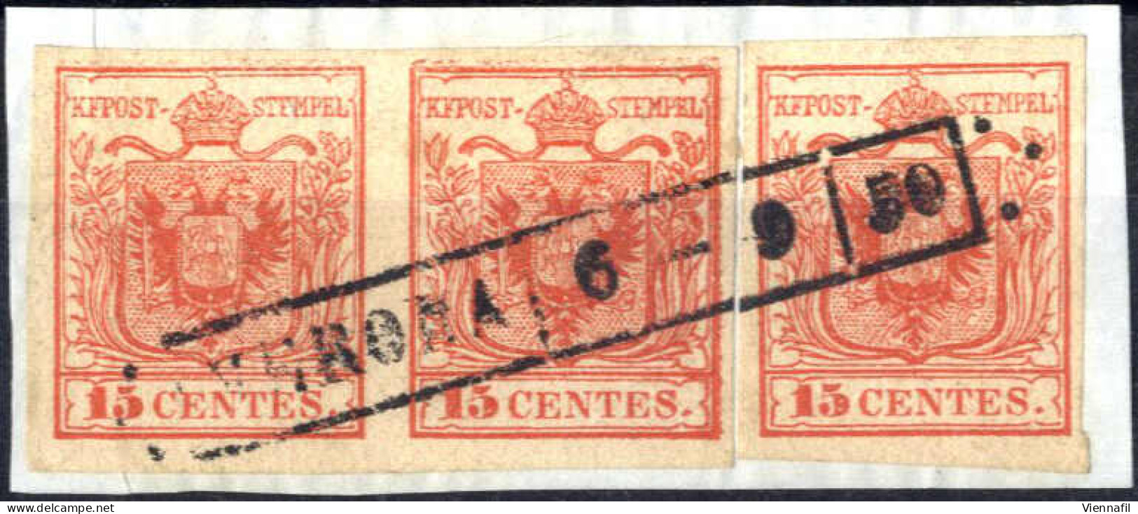 Piece 1850, Frammento 15 Cent. Rosso Vermiglio Intenso I° Tipo Su Carta A Mano, Singolo Più Coppia, La Coppia Con Stampa - Lombardije-Venetië