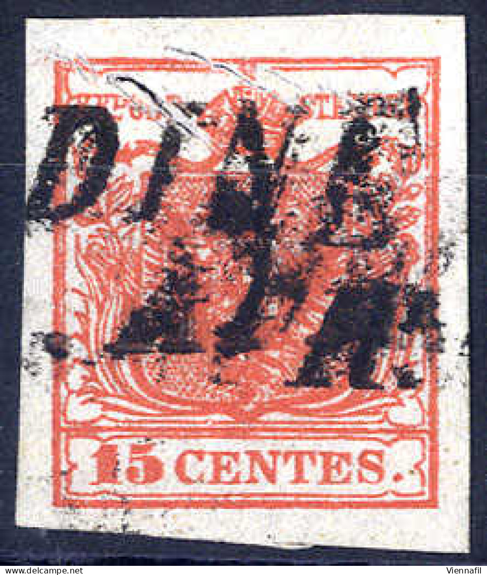 O 1854, "Pieghe Di Carta", 15 Cent. Rosso Carminio Scuro, Usato, Cert. Sottoriva (Sass. 3h) - Lombardy-Venetia