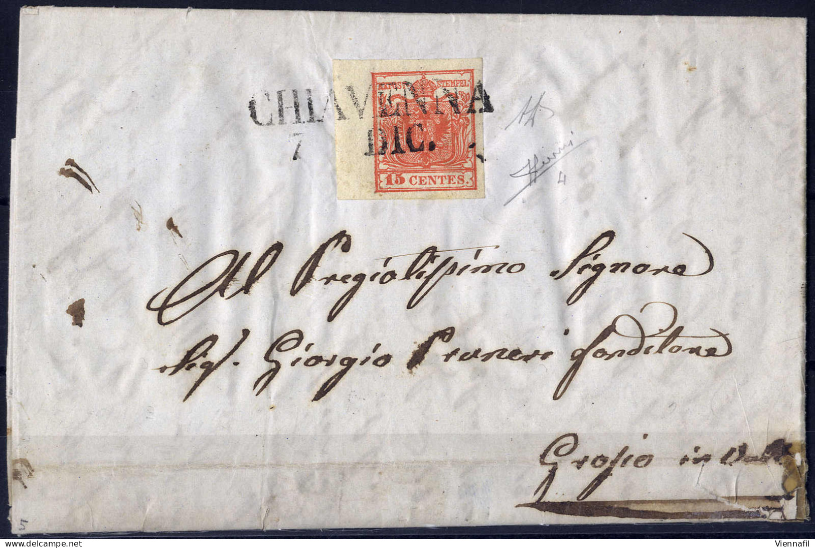 Cover 1850, 15 Cent. Rosso Vermiglio, Secondo Tipo, Bordo Di Foglio A Sinistra, Su Lettera Da Chiavenna, Firm. Sorani E  - Lombardy-Venetia