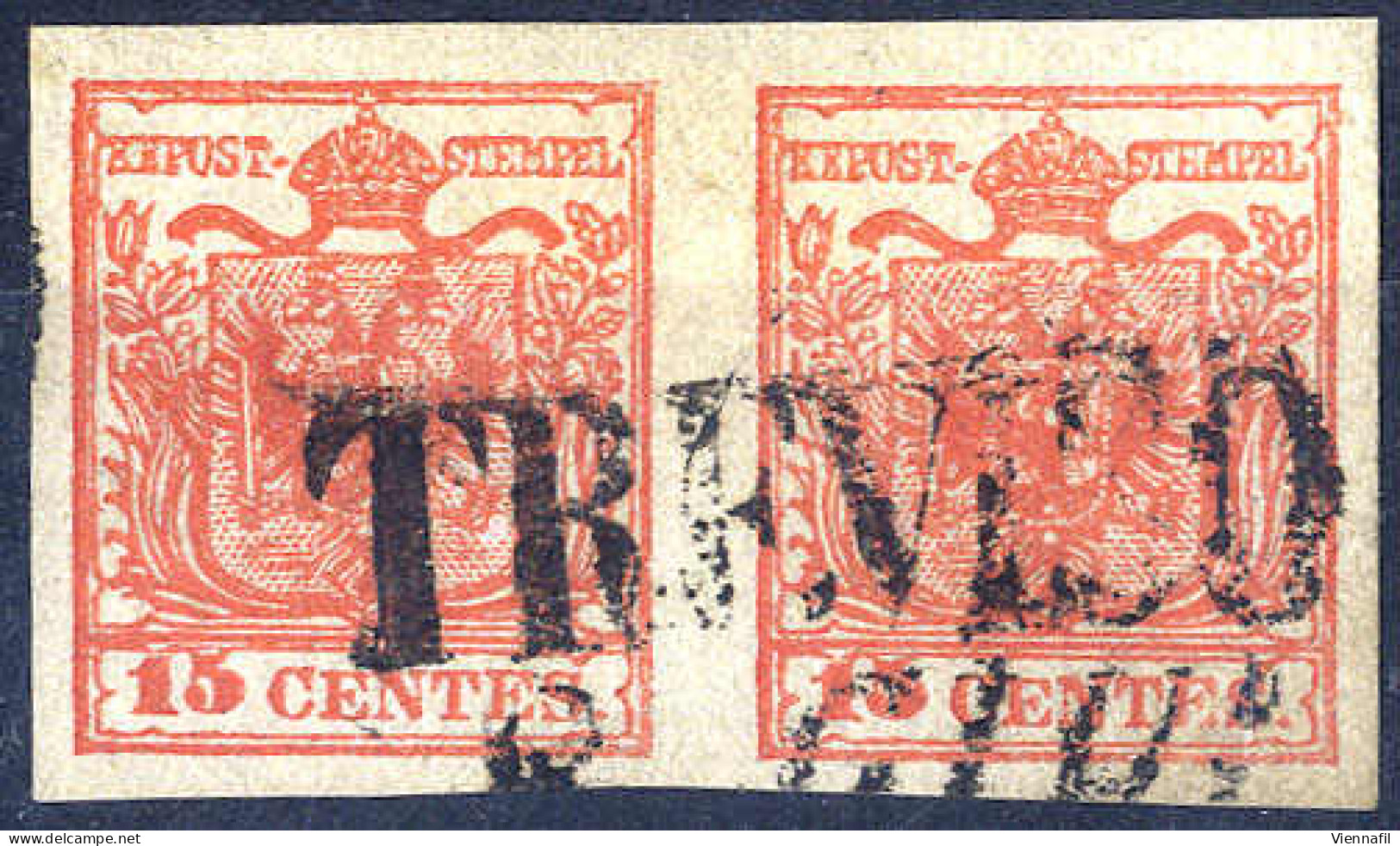 O 1850, 15 Cent. Rosso Vermiglio, Secondo Tipo, Coppia Orizzontale Da Treviso, Splendida E Non Comune, Cert. Zanini (Sas - Lombardo-Vénétie