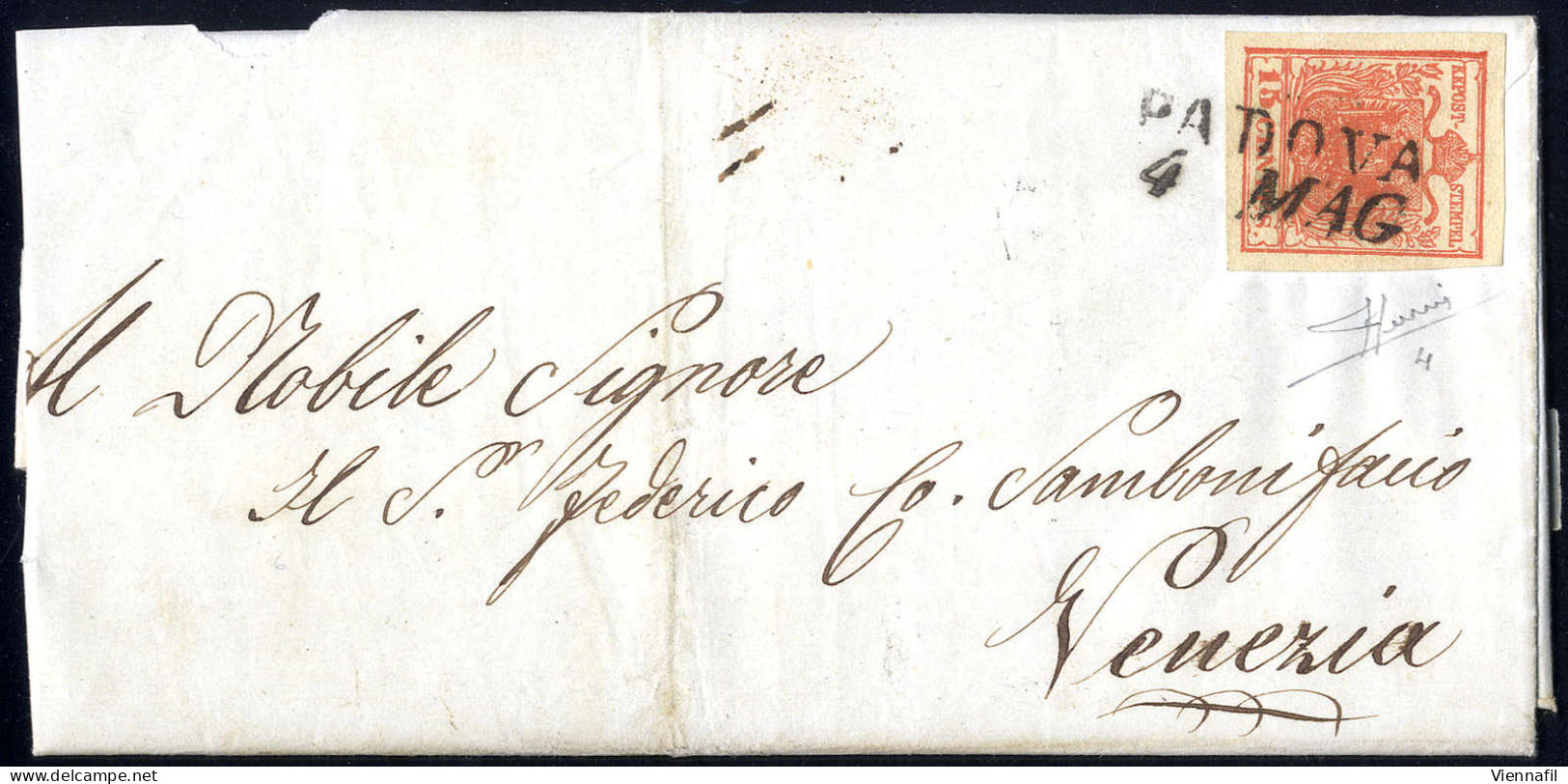 Cover 1850, 15 Cent. Rosso Vermiglio, Secondo Tipo, Su Lettera Da Padova 4.5.1851 Per Venezia, Cert. Sorani (Sass. 4 / 9 - Lombardy-Venetia