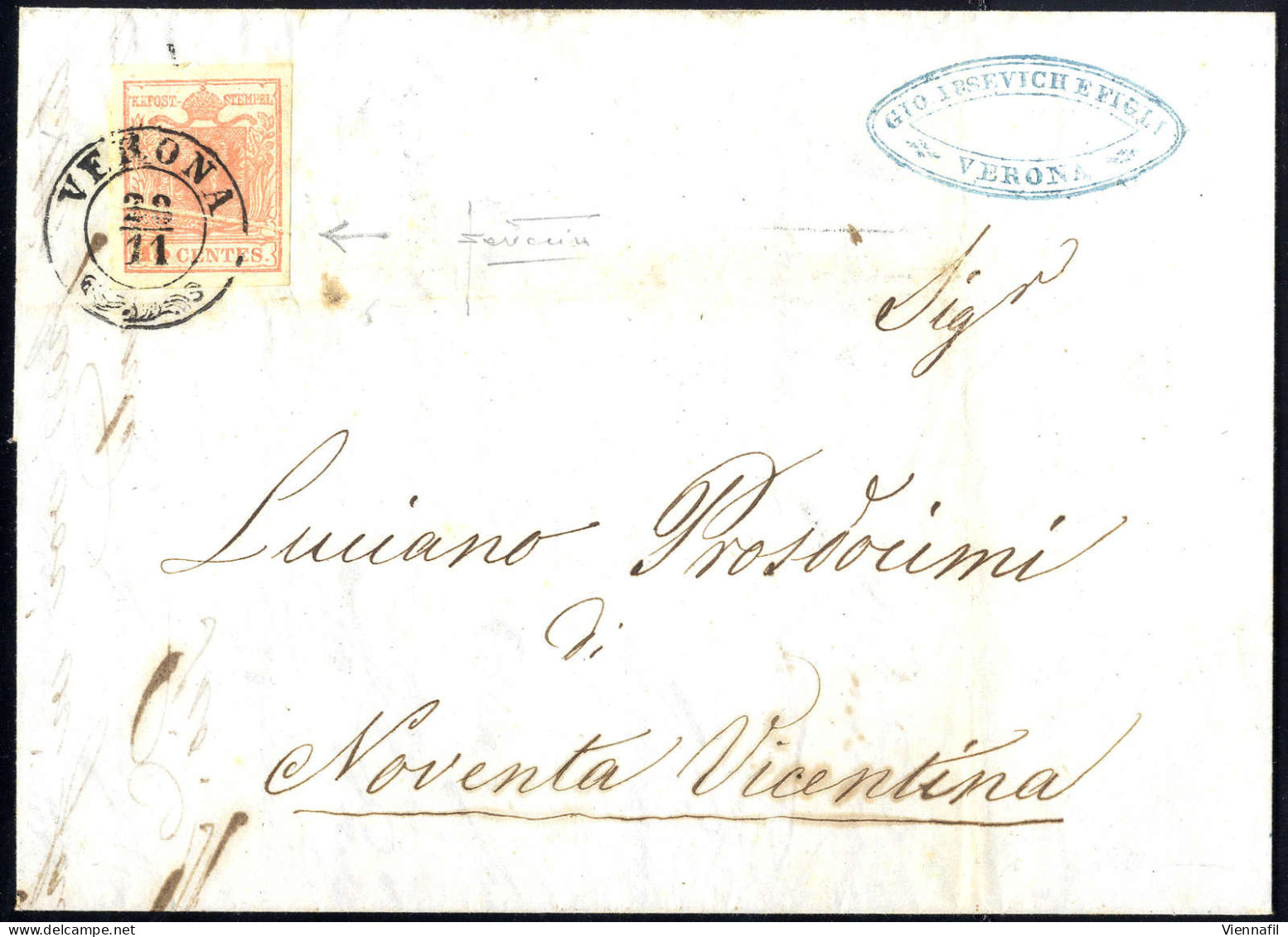 Cover 1850, "Pieghe Di Carta", 15 Cent. Rosa, Su Lettera Da Verona 28.11.1851 Per Noventa Vicentina, Lusso, Firm. Sottor - Lombardy-Venetia