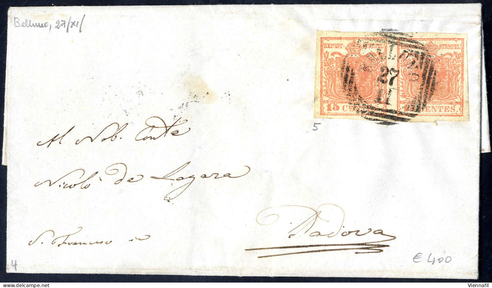 Cover 1850, 15 Cent. Rosa, Secondo Tipo, Coppia Su Lettera Da Belluno (Sass. 5 - ANK 3HII) - Lombardo-Vénétie