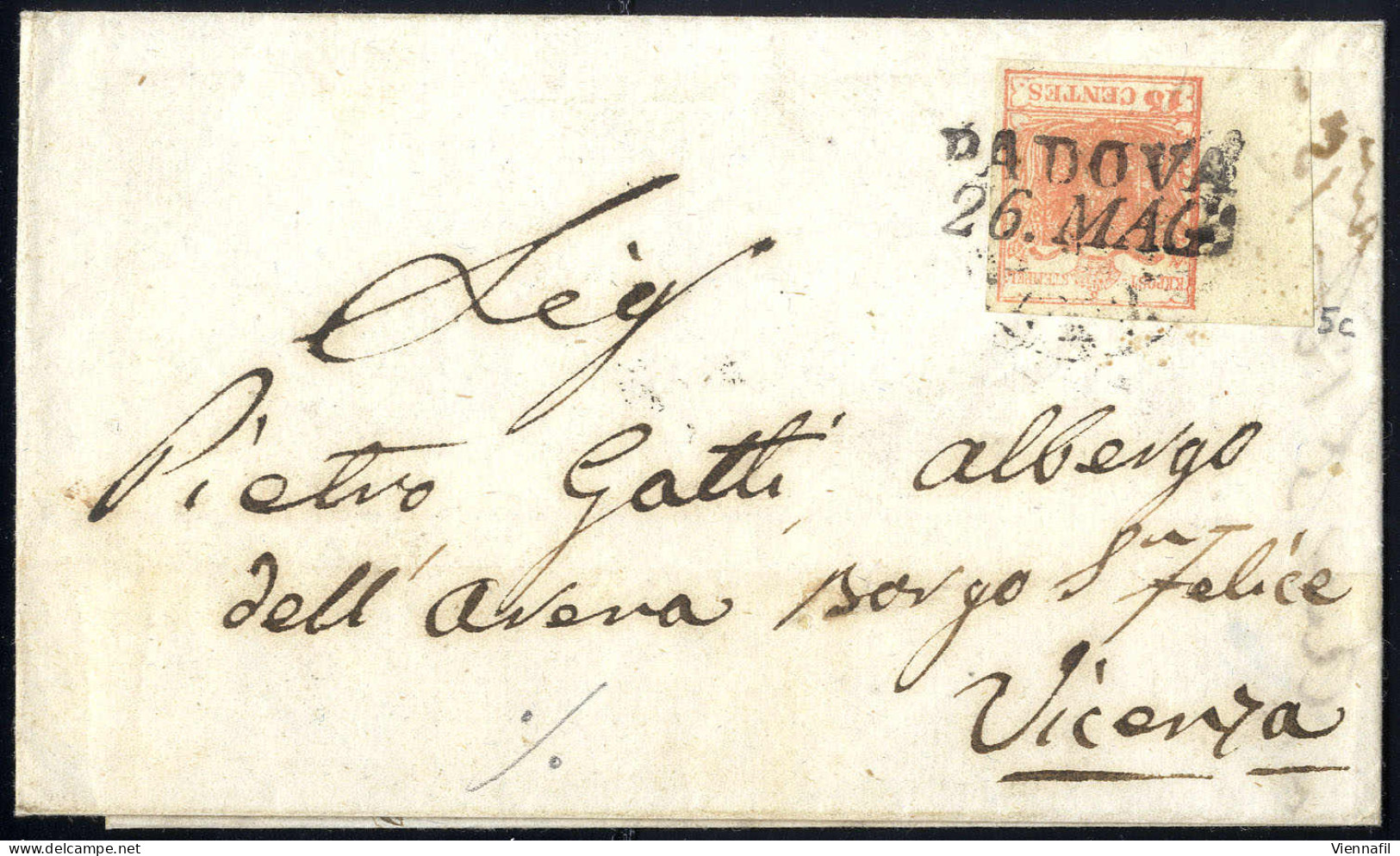 Cover 1850, 15 Cent. Rosa, Secondo Tipo, Largo Bordo Di Foglio A Sinistra, Su Lettera Da Padova (Sass. 5 - ANK 3HII) - Lombardo-Vénétie