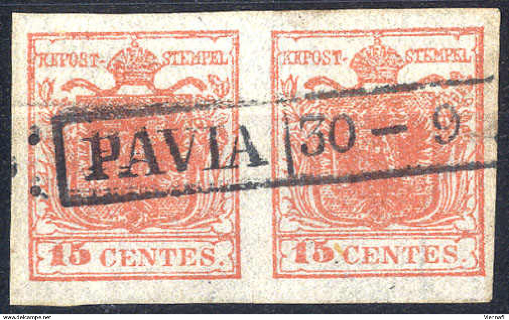Piece 1850, 15 Cent. Rosa Carmino (carta A Mano), Coppia Annullata PAVIA 30-9, Cert. Goller, ANK 3X, / Sass. 5 - Lombardo-Vénétie