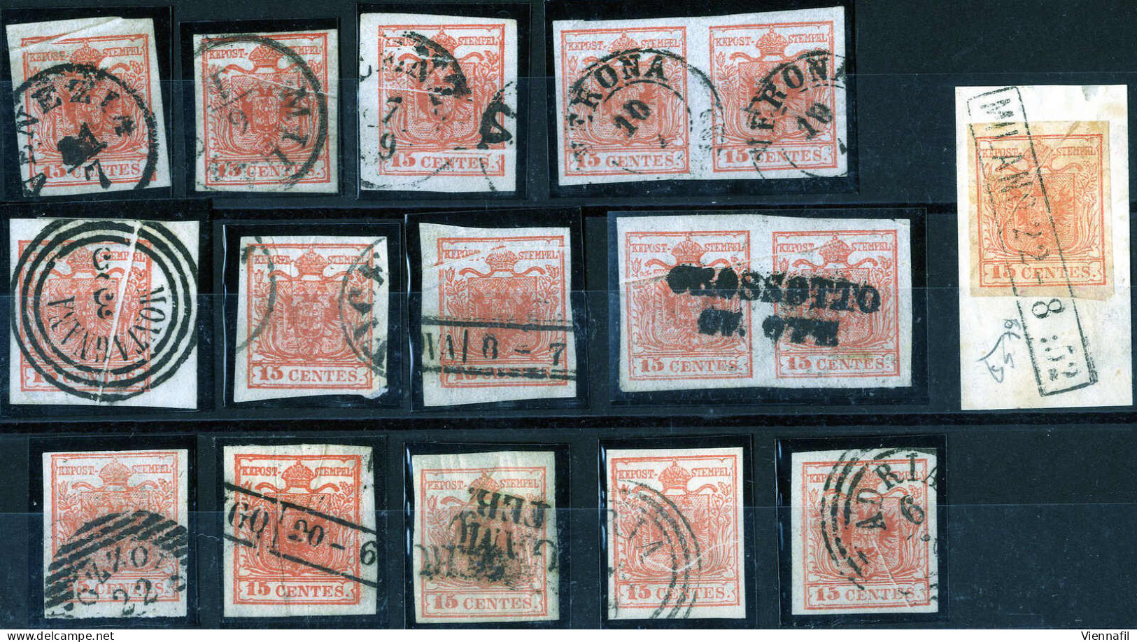 O/piece 1850, "Pieghe Di Carta", 15 Cent. Rosso, Terzo Tipo, Lotto Dodici Esemplari Più Due Coppie Su Un Listello, Tutti - Lombardo-Vénétie