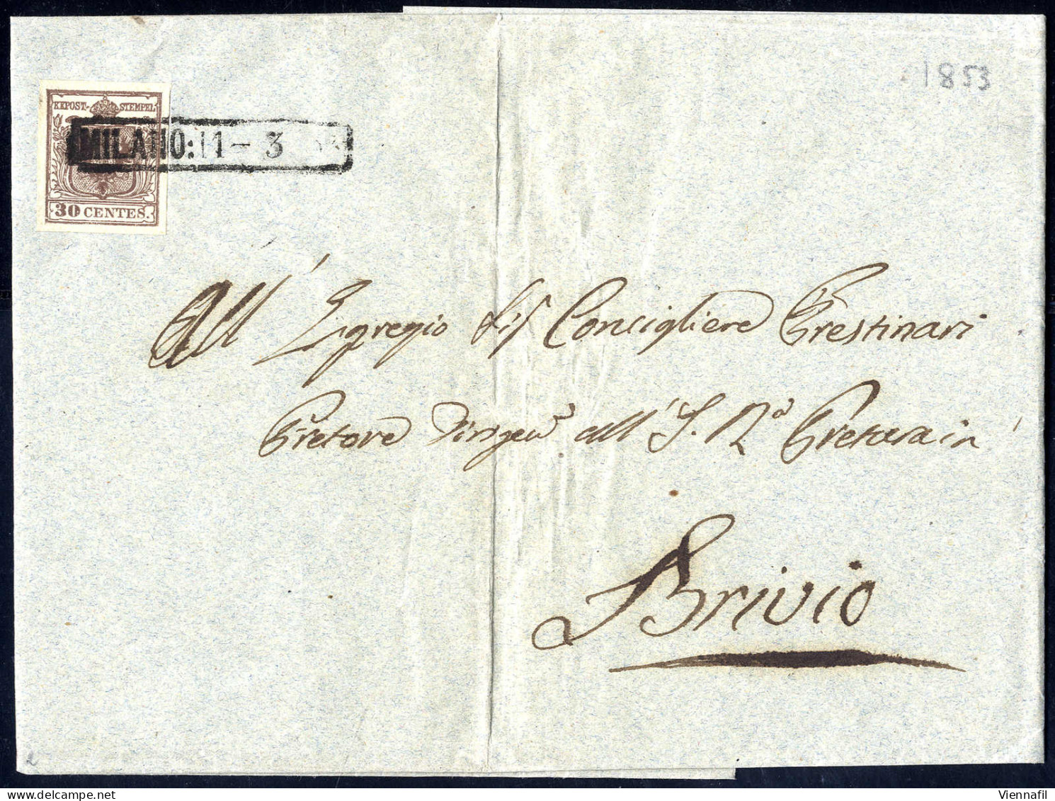 Cover 1850, 30 Cent. Primo Tipo, Su Lettera Da Milano 1.3.1853 (Sass. 7 - ANK 4HI) - Lombardo-Vénétie