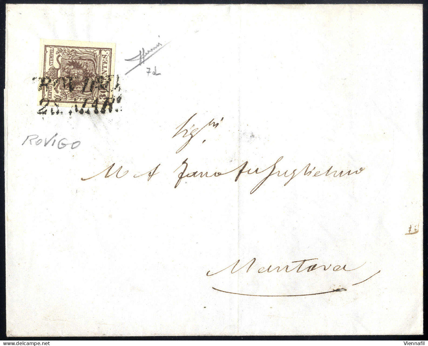 Cover 1850, 30 Cent. Bruno Scuro, Primo Tipo, Su Lettera Da Rovigo, Firm. Sorani (Sass. 7d - ANK 4HI) - Lombardo-Vénétie