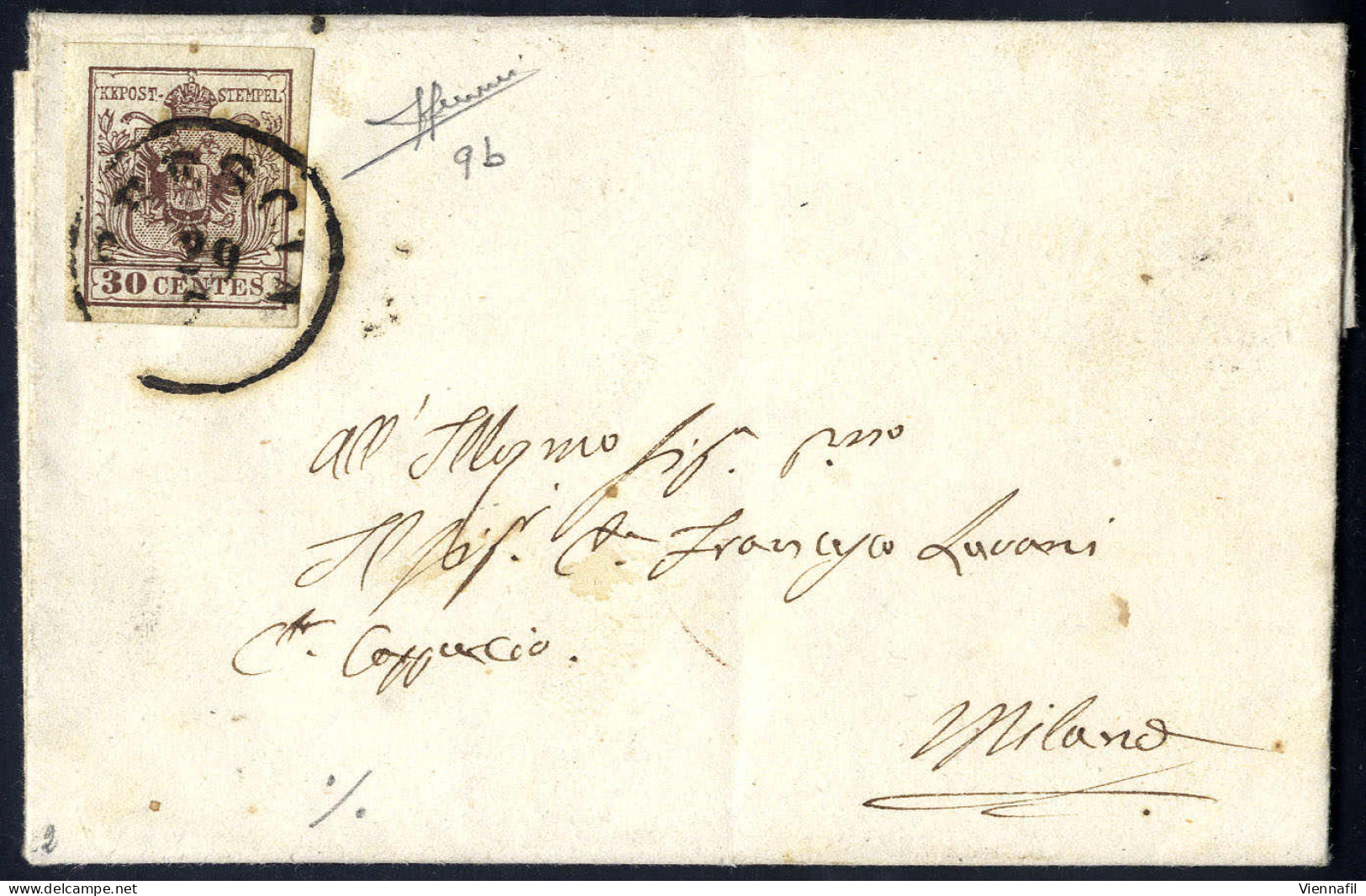 Cover 1850, 30 Cent. Bruno Cioccolato Su Lettera Da Brescia, Firm. Sorani (Sass. 9b - ANK 4HIII) - Lombardo-Vénétie