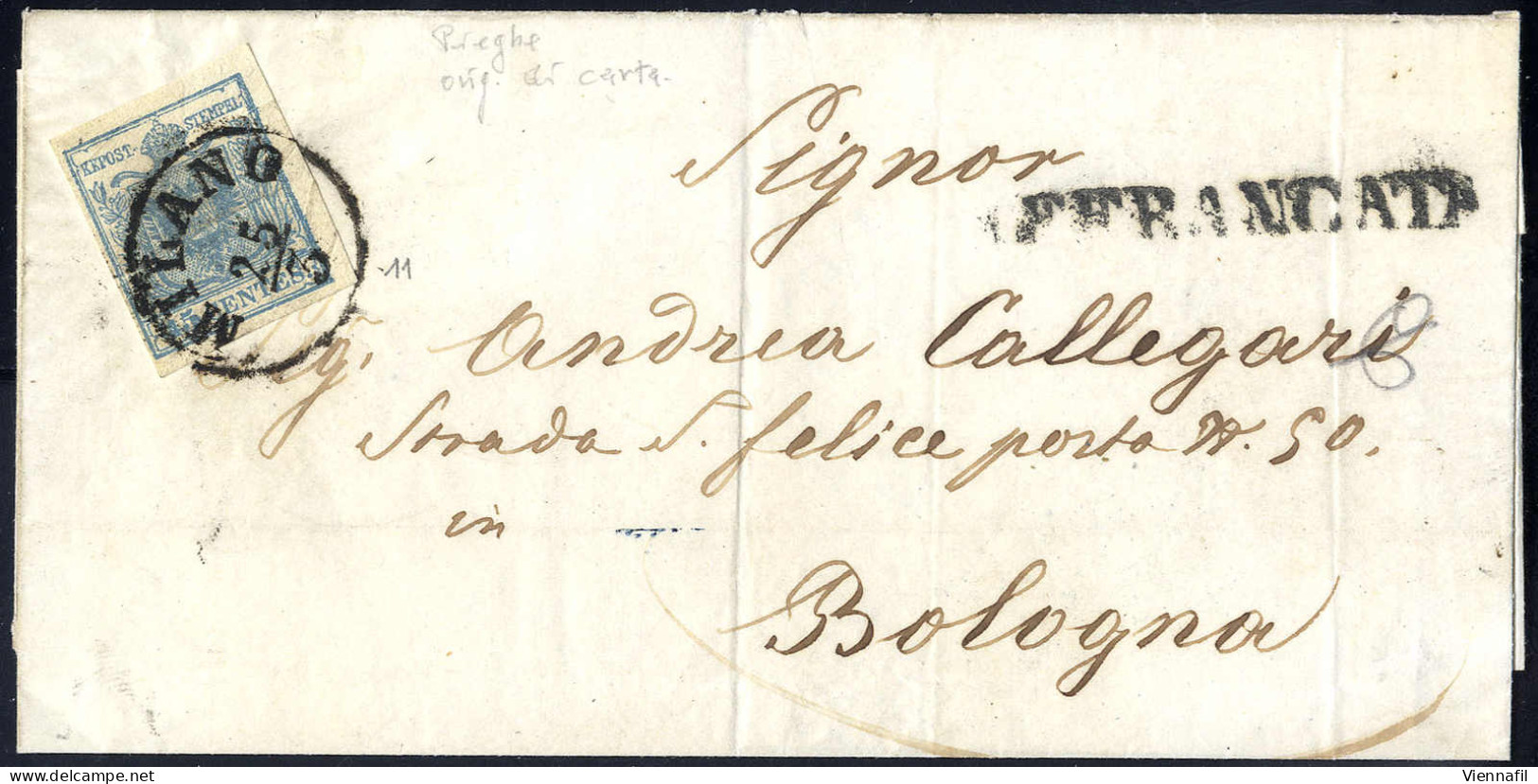 Cover 1850, Lettera Della Terza Distanza Per L' Estero Da Milano Per Bologna Affrancata Con Sass. 11, Annullo "AFFRANCAT - Lombardo-Vénétie