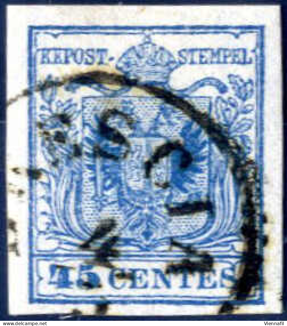 O 1850, 45 Cent. Azzurro III°tipo, Annullato, Firmato Colla, Sass. 12 / 100,- - Lombardo-Vénétie